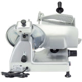 A commercial-grade Globe G12 food slicer with a 12" circular blade, adjustable thickness dial, food pusher handle, and a power cord coiled at the base, is shown on a white background.