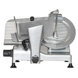 This Globe G12 12" manual food slicer features a large circular blade, sliding tray, and handle. Its metallic build with black knobs and rubber feet is ideal for slicing meat or cheese in delis or restaurants, boasting angular, polished parts.