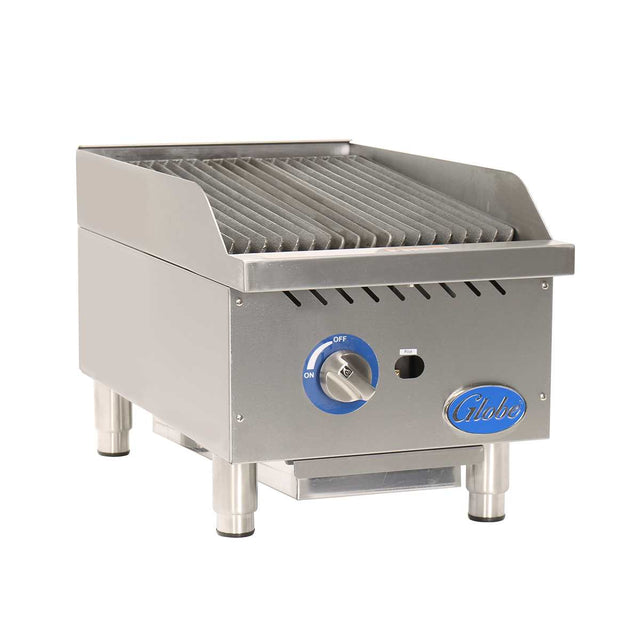 A heavy duty stainless steel countertop gas charbroiler with a ridged grilling surface, a single blue “ON/OFF” control knob, vents below the grill, four sturdy legs, and a blue logo reading “Globe.”.