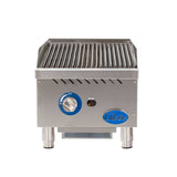 A heavy duty stainless steel commercial countertop gas charbroiler with a ridged cooking surface, blue ON/OFF control knob, indicator light, vent slits above the controls, and the Globe logo on the bottom right.