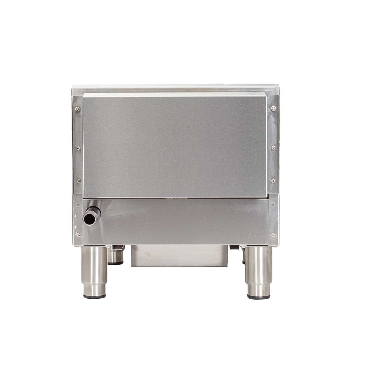 A heavy duty stainless steel industrial machine with a box-like shape, four cylindrical legs, a side pipe attachment, and a solid front panel. The clean, modern unit resembles a large gas charbroiler and sits against a plain white background.