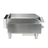 A heavy duty stainless steel commercial countertop griddle with tall side and back splashes, a control knob on the right, and four sturdy short legs. The flat cooking surface features a simple, industrial design perfect for any kitchen.