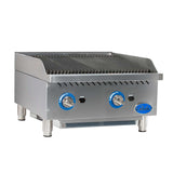 A stainless steel countertop charbroiler with raised grilling ridges, two blue control knobs, and short legs. The front panel has brand labeling and adjustment dials. Its sleek, industrial design is ideal for a professional kitchen.