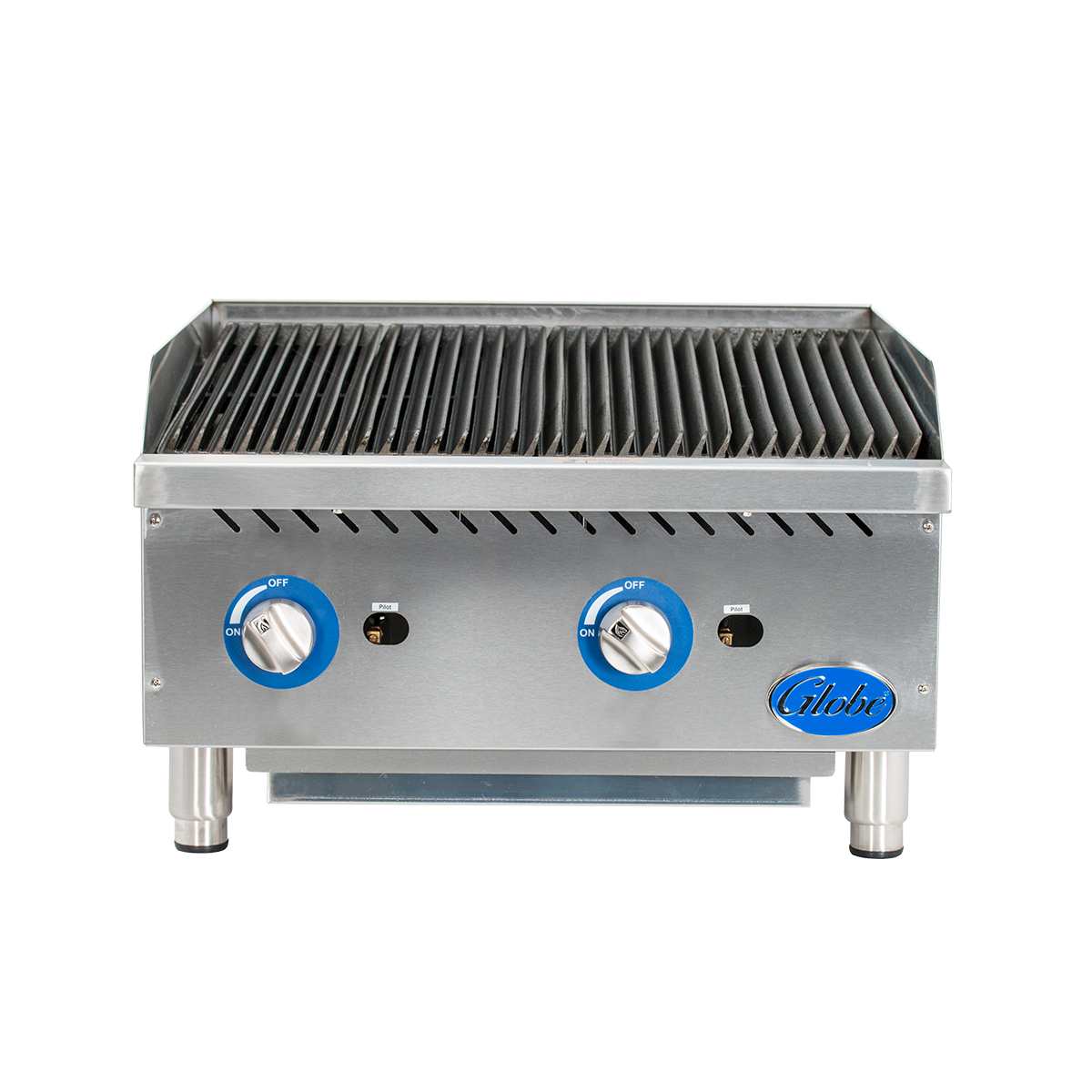 A heavy duty countertop charbroiler, this stainless steel Globe unit features angled grates, two blue ON/OFF control knobs, and stands on four short cylindrical legs—perfect for commercial kitchens seeking reliable performance.