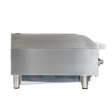 Side view of a stainless steel countertop charbroiler with four short cylindrical legs, a flat top, and a control knob on the right side. The sleek, boxy gas charbroiler design reflects light against the clean white background.