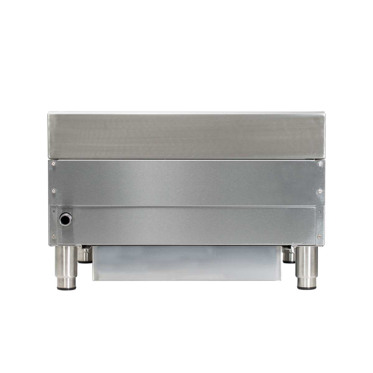 A square, industrial stainless steel countertop charbroiler with a flat top, four short cylindrical legs, a small black knob on the left side, and a sturdy rectangular base. The machine is photographed against a white background.
