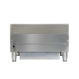 A square, industrial stainless steel countertop charbroiler with a flat top, four short cylindrical legs, a small black knob on the left side, and a sturdy rectangular base. The machine is photographed against a white background.