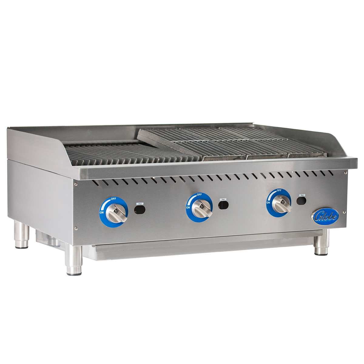 A stainless steel countertop gas charbroiler with three blue control knobs, raised grill grates, short legs, and a backsplash; branded with a blue logo on the lower right. The heavy duty charbroiler surface appears clean and unused.