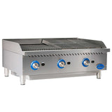 A stainless steel countertop gas charbroiler with three blue control knobs, raised grill grates, short legs, and a backsplash; branded with a blue logo on the lower right. The heavy duty charbroiler surface appears clean and unused.