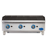 A stainless steel commercial gas countertop charbroiler with three blue control knobs, a ridged cooking surface for grilling, and four sturdy legs. The Globe brand appears on the front right corner. The grill is clean and ready for use.