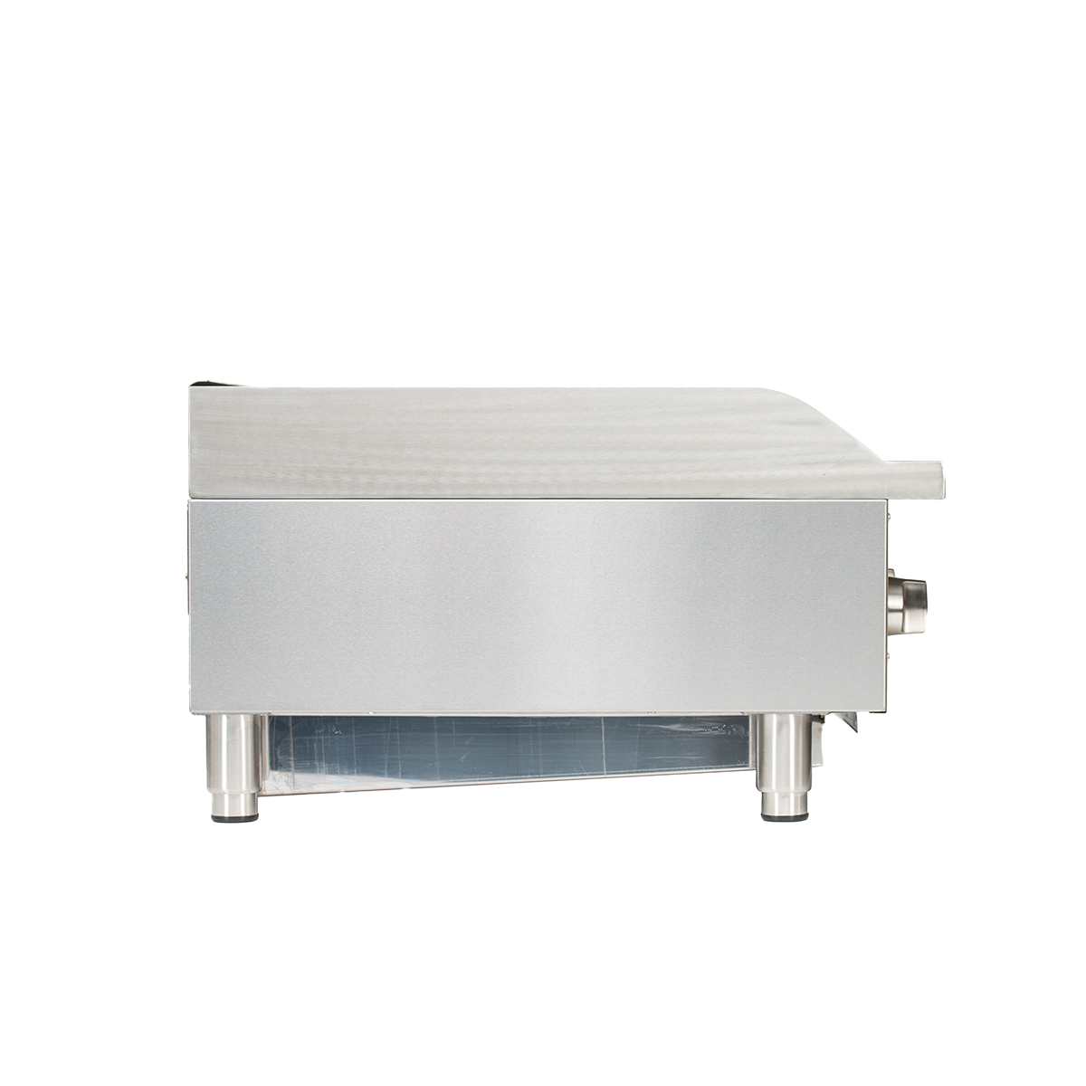 A side view of a stainless steel countertop radiant charbroiler with heavy duty cast-iron grates, featuring a flat cooking surface, four short cylindrical legs, and a round control knob on the right. The background is plain white.