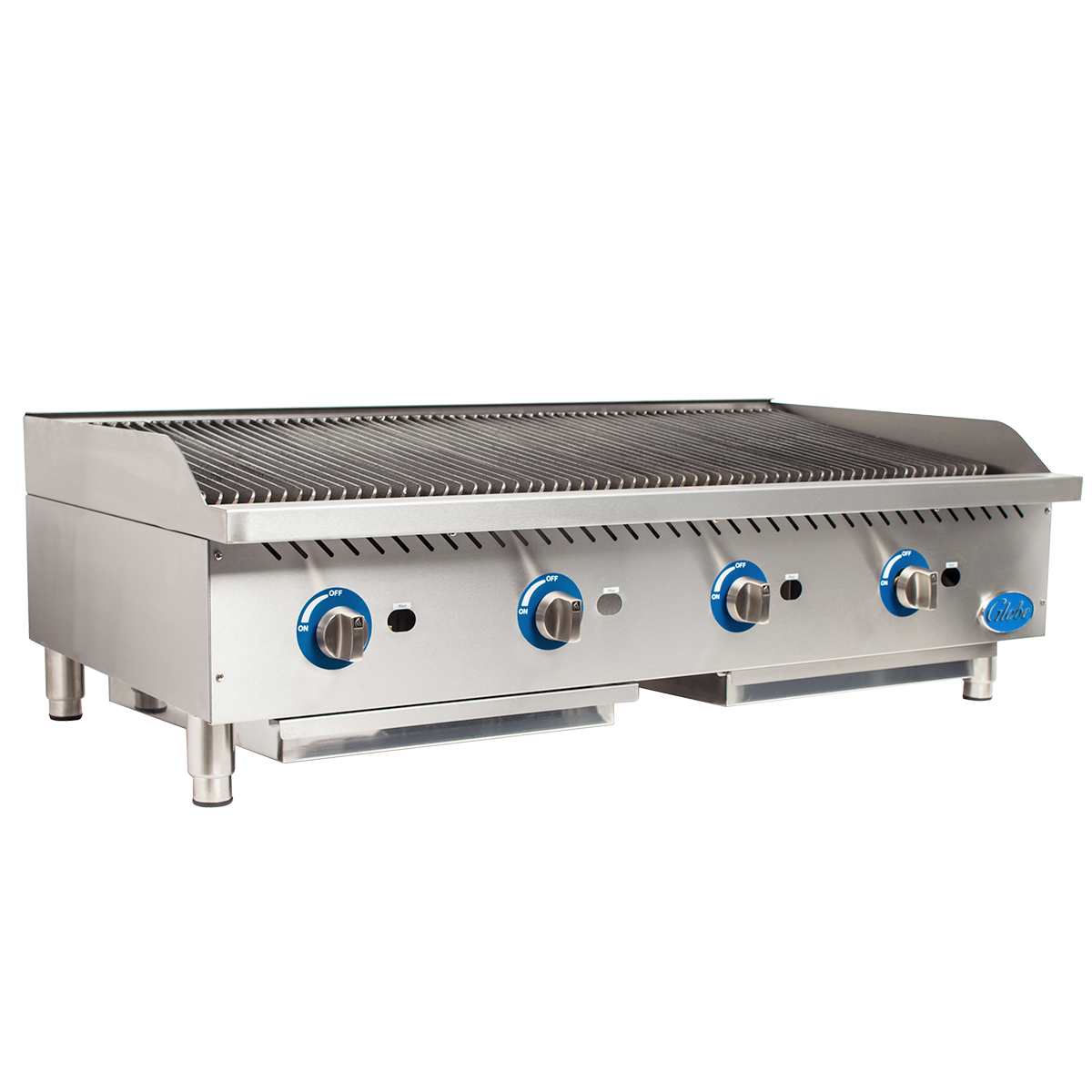A stainless steel countertop charbroiler gas grill with four control knobs featuring blue accents, two grease trays underneath, and heavy duty cast-iron grates. Raised sides and back offer splatter protection, and it stands on four short legs.