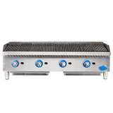 This commercial stainless steel gas charbroiler features four blue control knobs, heavy duty cast-iron grates with angled design, adjustable legs, and a visible brand logo on the lower right front—perfect as a reliable countertop charbroiler for your kitchen.