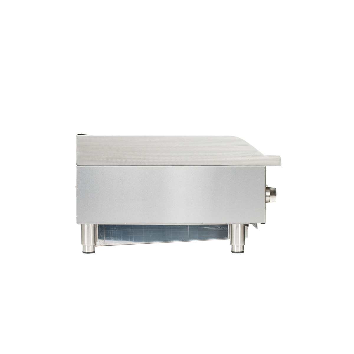 A modern and industrial countertop charbroiler, crafted from stainless steel, is shown from the side. It features four short cylindrical legs, a control knob on the right, and a flat top surface—ideal for heavy-duty kitchen use.