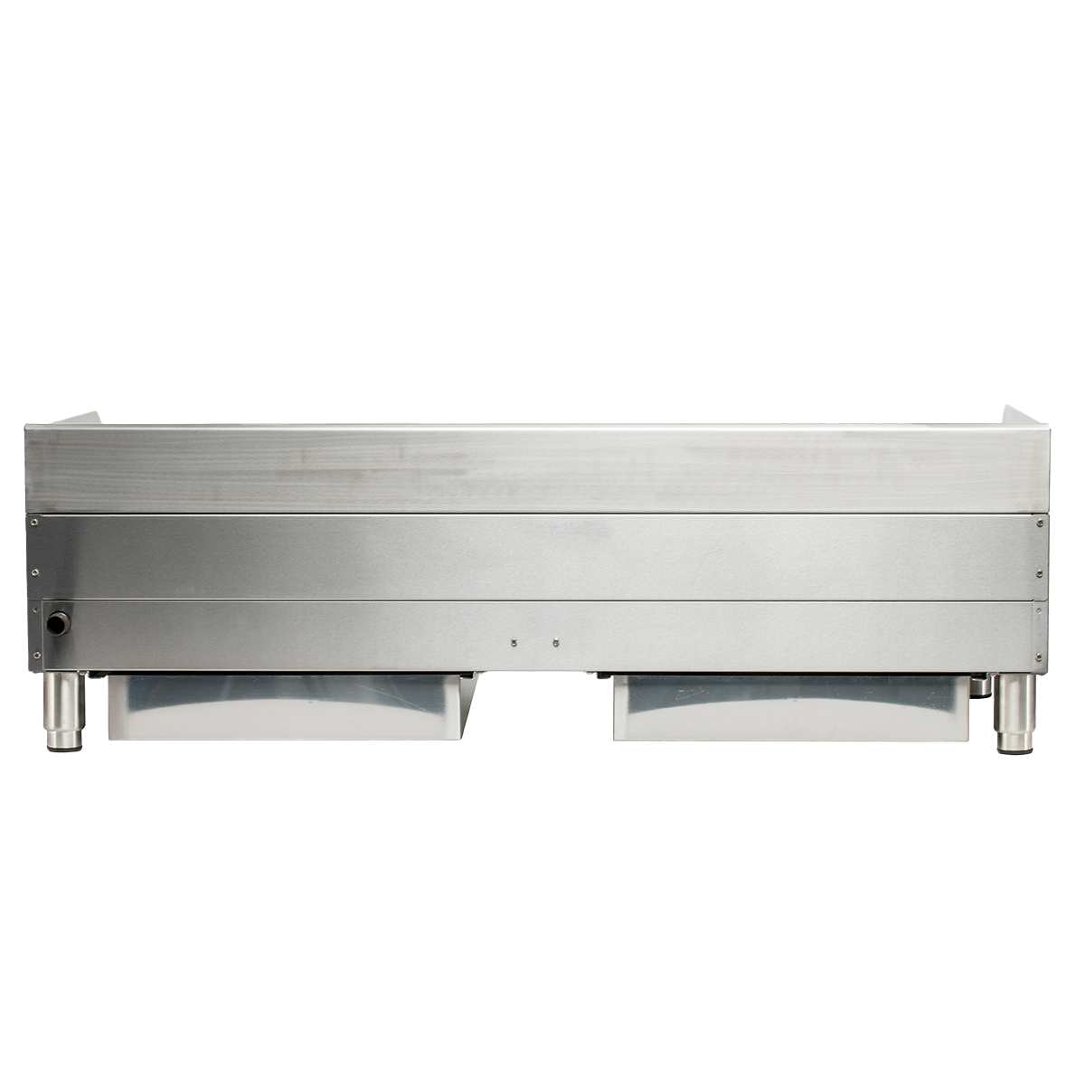 A rectangular stainless steel commercial toaster seen from the front, featuring a minimalist design like a countertop charbroiler, with two pull-out trays at the bottom and four short legs. The surface has a brushed metal finish and no visible branding.