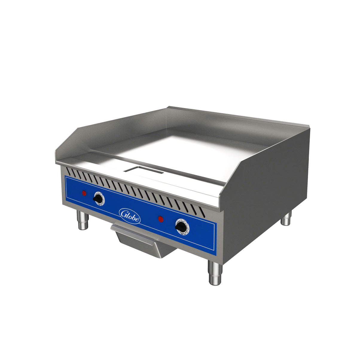 The Globe GEG24 is a stainless steel griddle with a blue control panel, two knobs, two indicator lights, and raised side and back splashes. This electric countertop griddle stands on four short legs and features a grease tray below the flat cooking surface.