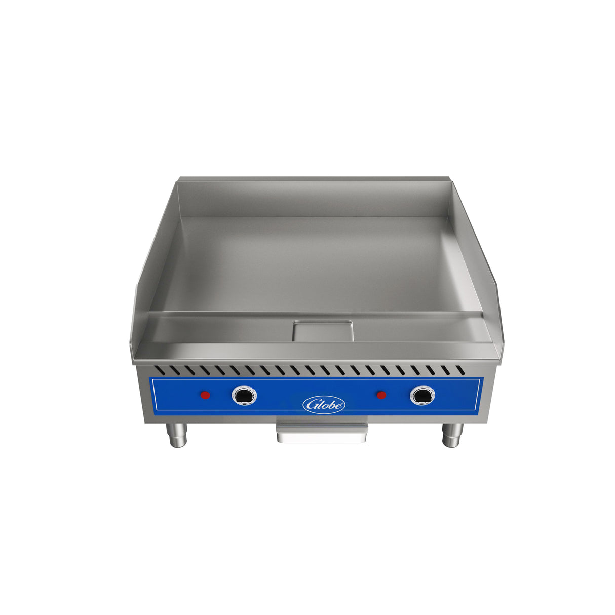 The Globe GEG24 is a stainless steel electric countertop griddle with a blue control panel, two knobs, two indicator lights, raised sides, and a grease tray below; the griddle is clean and set against a plain white background.