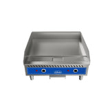 The Globe GEG24 is a stainless steel electric countertop griddle with a blue control panel, two knobs, two indicator lights, raised sides, and a grease tray below; the griddle is clean and set against a plain white background.
