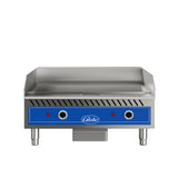 The Globe GEG24 electric countertop griddle features a blue front panel, two control knobs, red indicator lights, raised sides, a splash guard, and four sturdy legs. This stainless steel griddle is perfect for any commercial kitchen.