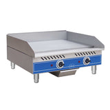 The Globe GEG24 is a stainless steel electric countertop griddle with a blue control panel, two temperature control knobs, indicator lights, raised side and back splashes, four short legs, and a front grease tray underneath.