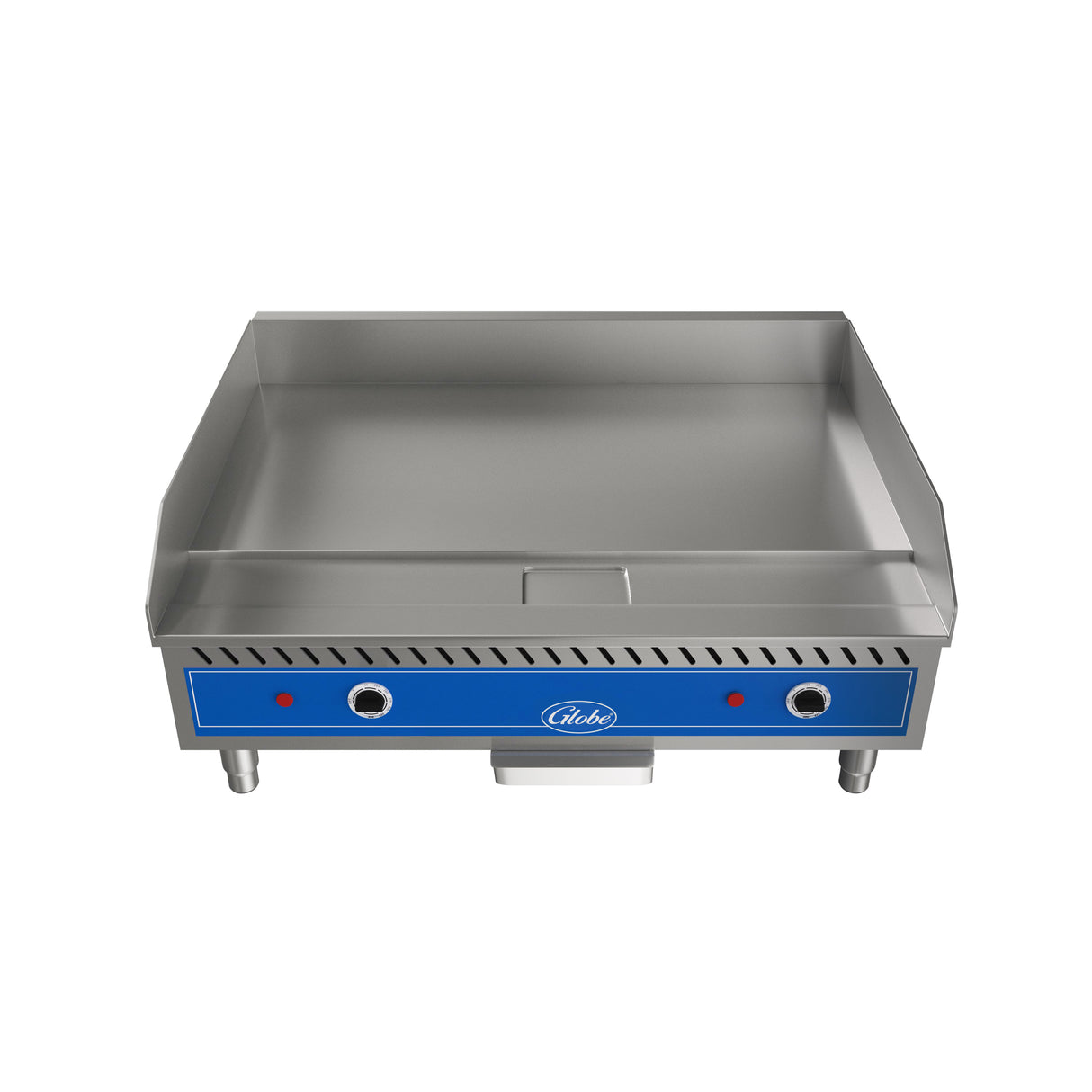 A commercial electric countertop griddle with a blue control panel, two knobs, indicator lights, and four short legs. This stainless steel griddle features a spacious cooking surface with raised sides, a front grease trough, and a logo in the center.
