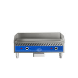 A stainless steel electric countertop griddle with a blue front panel, two control knobs, thermostatic controls, and a grease tray underneath. The commercial griddle is viewed from the front with the brand logo centered on the blue panel.