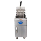 A stainless steel commercial deep fryer with a single fry basket and handle, front-facing cabinet door, and the “Globe” logo on the front. This countertop gas fryer features sturdy stainless steel construction and a warning label near the top.