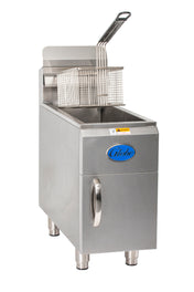 A commercial stainless steel countertop gas fryer with a front handle, control panel, and a wire basket with a long handle sits above the 15-lbs fat capacity oil tank. The fryer stands on four short legs and features a blue Globe logo on the front.