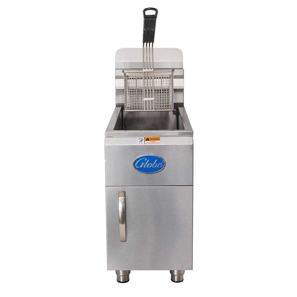 A commercial countertop gas fryer with a stainless steel finish and a front-facing handle features the blue Globe logo. The basket with a black handle fits into the 15-lbs fat capacity oil compartment. The fryer stands on four legs against a white background.