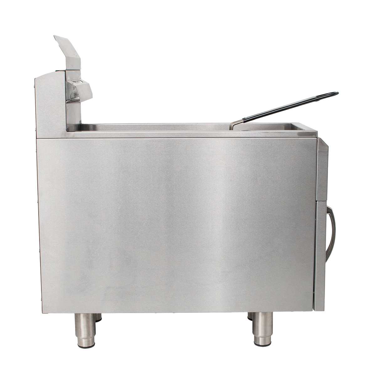 A large stainless steel commercial tilting kettle with a closed lid and long handle, viewed from the side. Resembling a countertop gas fryer, it stands on four cylindrical legs and has a minimalist, industrial design for professional kitchens.