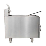 A large stainless steel commercial tilting kettle with a closed lid and long handle, viewed from the side. Resembling a countertop gas fryer, it stands on four cylindrical legs and has a minimalist, industrial design for professional kitchens.