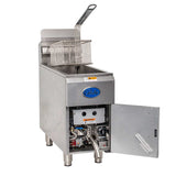 A commercial deep fryer with a metal basket and handle rests atop a rectangular stainless steel unit. This 15-lbs fat capacity liquid propane fryer, branded “Globe,” has its lower front door open to show internal wiring and pipes, and stands on short metal legs.