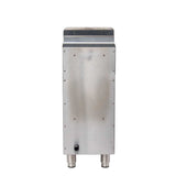 A rectangular stainless steel countertop gas fryer with a flat top, visible screws along the edges, two short cylindrical legs, and a small black nozzle at the bottom front, photographed against a white background.