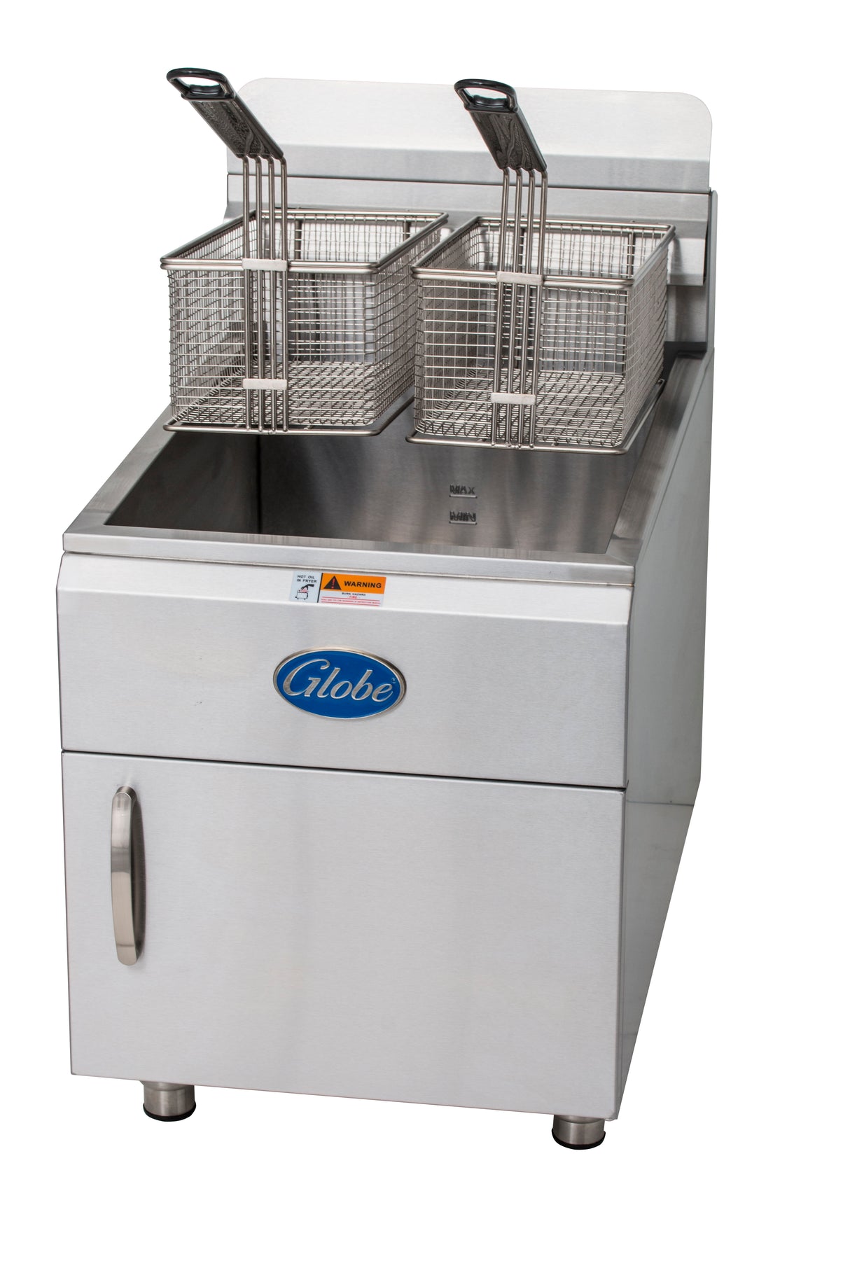 A commercial stainless steel fryer with two wire baskets, each with a black handle, sits atop the gas countertop fryer. The metal unit features a front door, blue Globe logo, and boasts a 30-lbs fat capacity. The fryer is clean and empty.