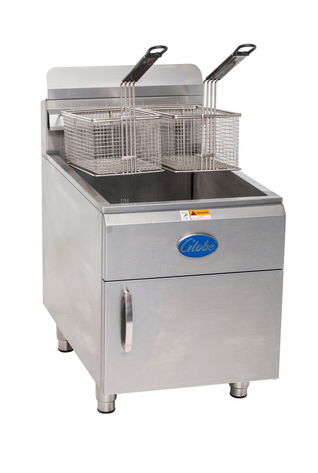 A commercial stainless steel liquid propane fryer with two wire mesh baskets, each with a black plastic handle. The machine has a front cabinet door, blue “Globe” branding, stands on four sturdy legs, and boasts a 30-lbs fat capacity.