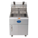 A commercial deep fryer with a stainless steel finish and two metal baskets, featuring a 30-lbs fat capacity. The unit has a front cabinet door, blue Globe logo on the front panel, and stands on four short legs.