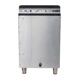 A stainless steel, rectangular gas countertop fryer with a smooth, reflective surface, rounded top corners, and rivets along the edges. It stands on two short cylindrical legs, featuring a small spout at the bottom front and a 30-lbs fat capacity.