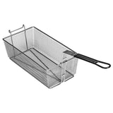 A rectangular metal wire Fry Basket for a gas floor fryer, featuring a long black handle and two hooks for hanging. The GFF80G basket is empty and displayed against a white background.