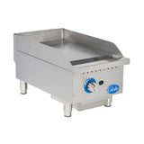 The Globe GG15G stainless steel griddle features raised side and back splashes, a flat cooking surface, large temperature-marked control knob with blue accents, and sits on four sturdy legs. This gas countertop griddle is perfect for any commercial kitchen.