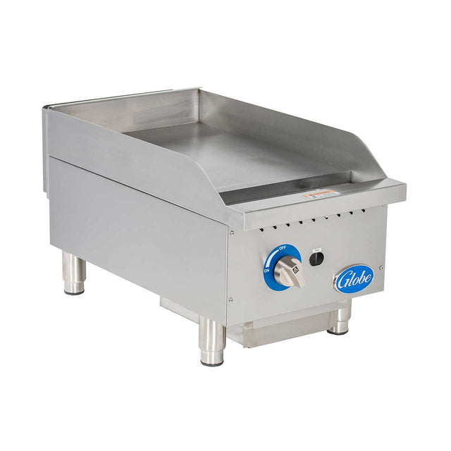 The Globe GG15G stainless steel griddle features raised side and back splashes, a flat cooking surface, large temperature-marked control knob with blue accents, and sits on four sturdy legs. This gas countertop griddle is perfect for any commercial kitchen.