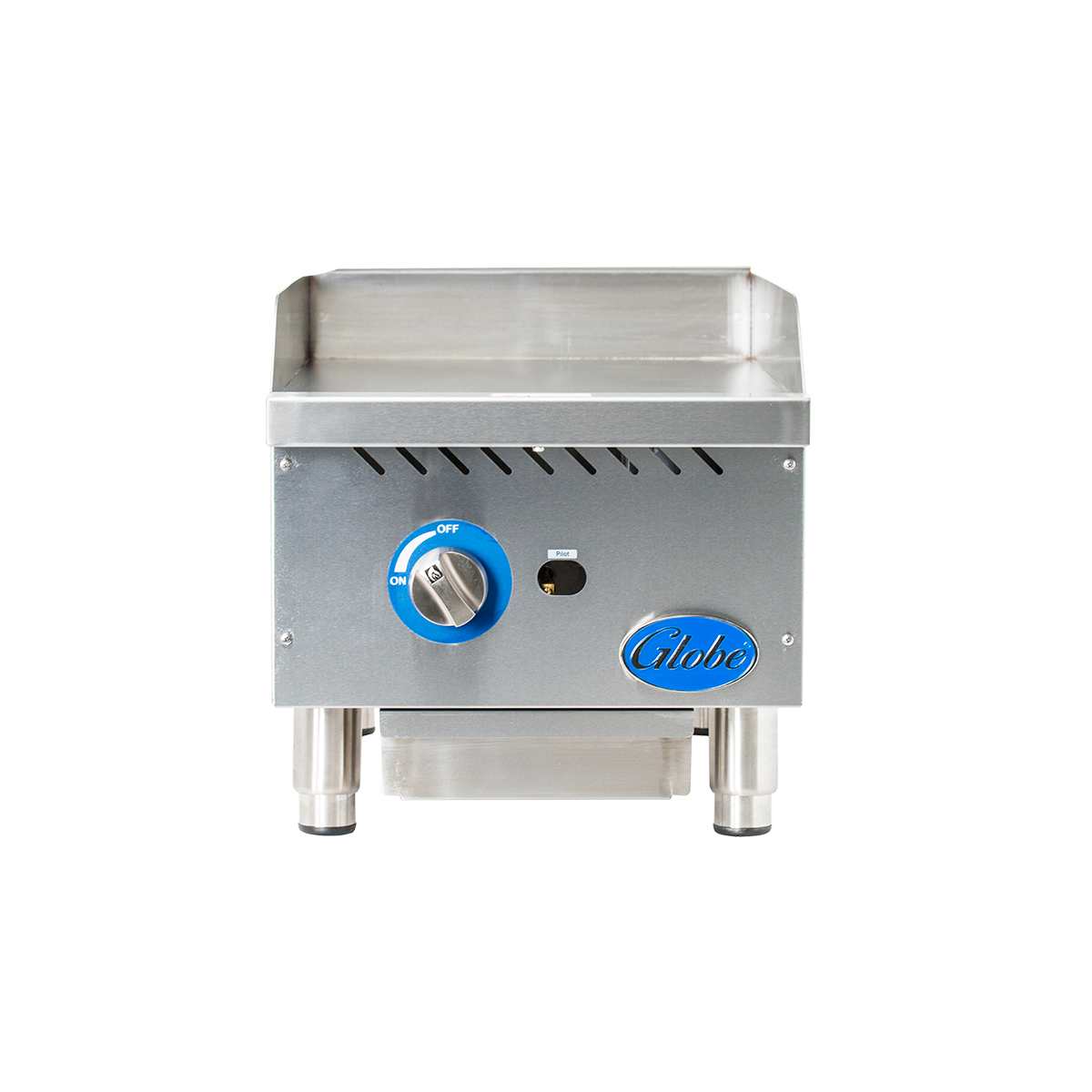 A stainless steel griddle with a flat cooking surface, raised sides, and a front control panel with a blue temperature dial marked “OFF” and “ON.” The Globe GG15G brand name appears on the lower right of this gas countertop griddle.