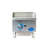 A stainless steel griddle with a flat cooking surface, raised sides, and a front control panel with a blue temperature dial marked “OFF” and “ON.” The Globe GG15G brand name appears on the lower right of this gas countertop griddle.