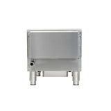 A stainless steel griddle with a rectangular body, four short cylindrical legs, and a protruding pipe on the lower left side. The Globe GG15G gas countertop griddle features a sturdy, modern design with visible bolts and seams against a white background.