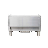 A stainless steel, rectangular gas countertop griddle with thermostatic controls features a flat front panel, sturdy metal legs, and a small protruding pipe on the left. The industrial surface has visible screws along the edges against a plain white background.