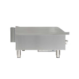 Side view of a stainless steel 36 inch gas griddle on four short legs, featuring a smooth flat cooking surface, a raised back splash, and a control knob visible on the right side against a white background.