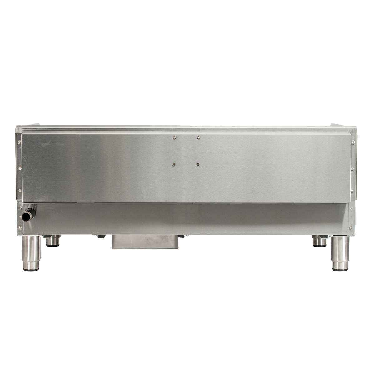 A stainless steel industrial countertop griddle viewed from the front, featuring a plain, smooth surface with a few visible screws, four sturdy legs, a small pipe on the left side, and a rectangular protrusion underneath.