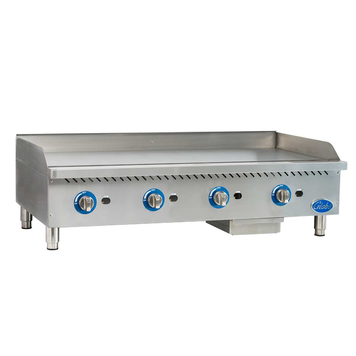 A commercial 48 inch stainless steel griddle with four blue and silver control knobs, raised back and side splashes, and sturdy legs. The smooth cooking surface and visible grease tray make this gas countertop griddle efficient and easy to clean.
