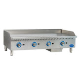 A commercial 48 inch stainless steel griddle with four blue and silver control knobs, raised back and side splashes, and sturdy legs. The smooth cooking surface and visible grease tray make this gas countertop griddle efficient and easy to clean.