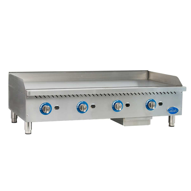 A commercial 48 inch stainless steel griddle with four blue and silver control knobs, raised back and side splashes, and sturdy legs. The smooth cooking surface and visible grease tray make this gas countertop griddle efficient and easy to clean.