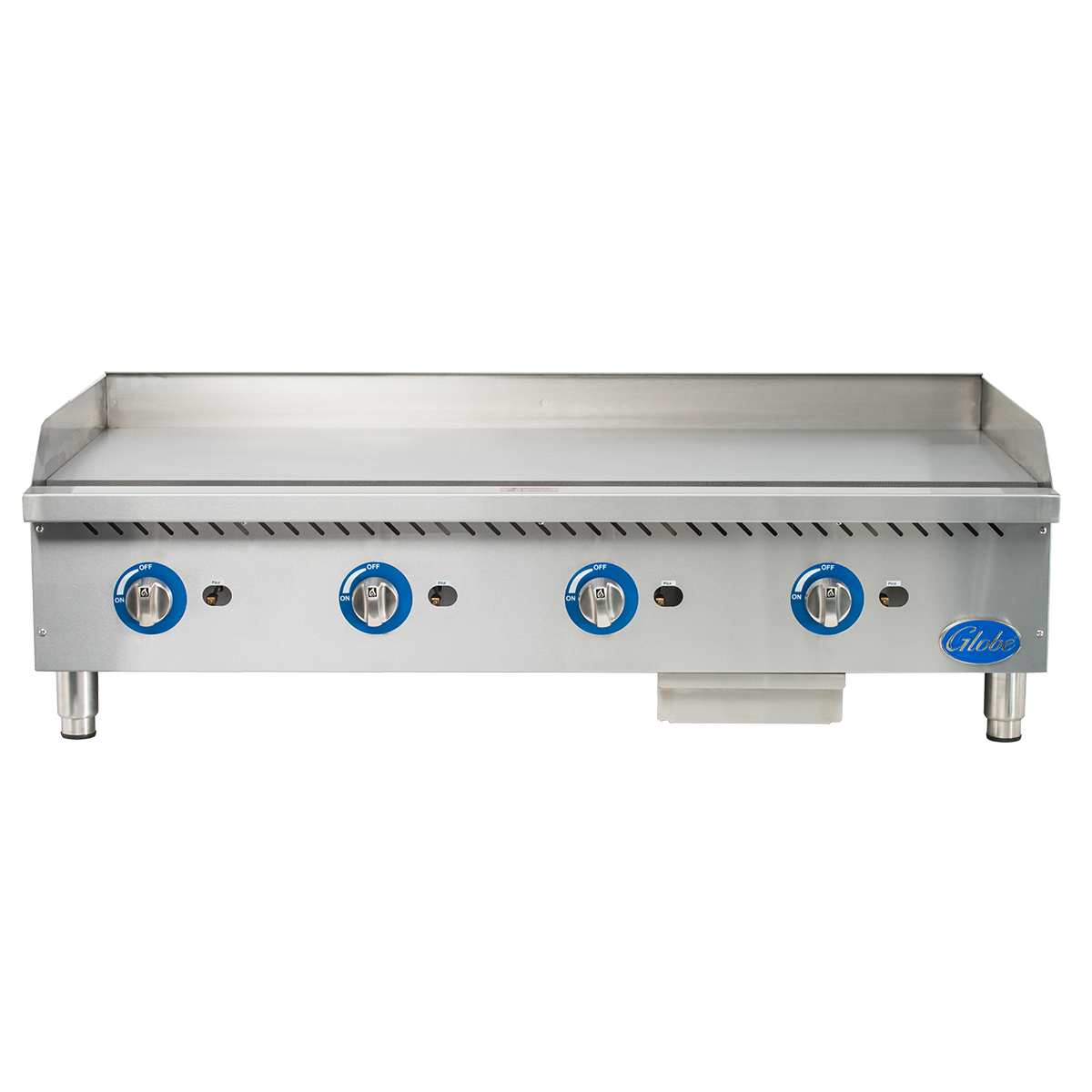 The Globe GG48G is a 48 inch gas countertop griddle featuring four blue control knobs, raised side and back splashes, sturdy metal legs, and a removable grease tray. The stainless steel build and branded blue label add to its professional look.